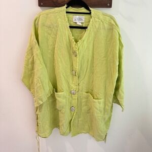 La Fixsun Lime Green Linen Button Down Shirt Raw Edge Boho Lagenlook Small